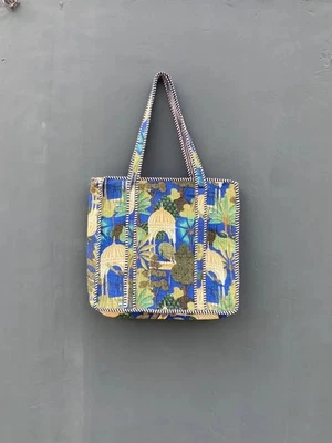 Indien Bleu Hutt Imprimé Matelassé Épaule Sac Femmes Plage Coton Sac US - Photo 1/3