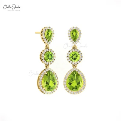 14k Gold Elegant Cocktail Earrings 10X8mm Pear Peridot Diamond Halo Dangle Gift - Image 1 of 4