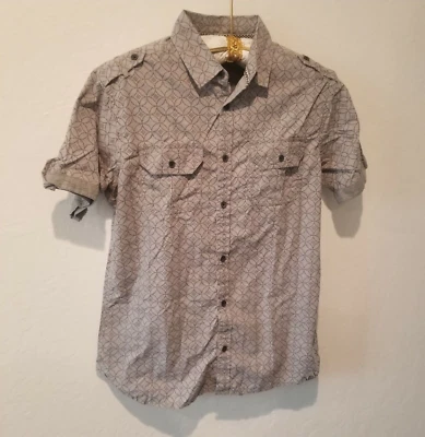 Free Planet Mens Geometric Print Shirt Button Up Short Sleeve Medium Gray Pocket - Image 1 of 4
