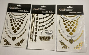 3 Sheets Metallic Temporary Tattoos Gold and Silver Tattoos