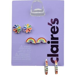 Claires Earrings Set of 3 Flowers Rainbows Hoops Colorful New Pierced - Picture 1 of 5