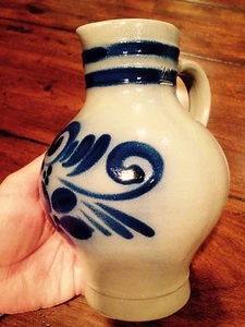 VTG GERMANY SALZGLASIERT ECHT POTTERY 1/2 LITER PITCHER COBALT BLUE SALT GLAZE - Picture 1 of 11