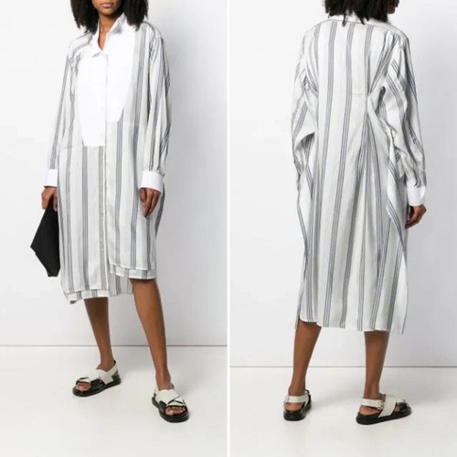 Abito camicia a righe LOEWE vita cravatta seta grigio taglia XS asimmetrico oversize chic