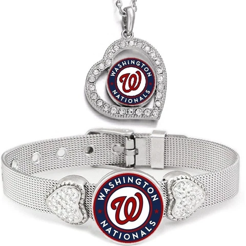 2 PcSet Washington Nationals Womens Sterling Silver Necklace With Bracelet Cover