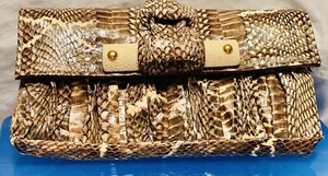 R & Y Augousti clutch Purse 10.5" X 6" X 1" snake leather skin Python lined sued - Picture 1 of 7