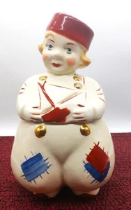 Tarro de galletas vintage American Bisque Sailor Dutch Boy con botones dorados parches años 40 - Imagen 1 de 11
