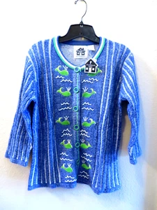 Storybook Knits Blue Sweater Beaded w/Green Whales Women's Size Small NWT - Picture 1 of 7