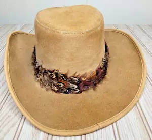 vtg Men United Hatters Cap Millinery Leather Western Cowboy Hat Feather L Large - Picture 1 of 7