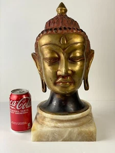 Vintage Tibetan Bronze Bodhisattva Buddha Head on Alabaster Plinth 19th Century - Picture 1 of 15