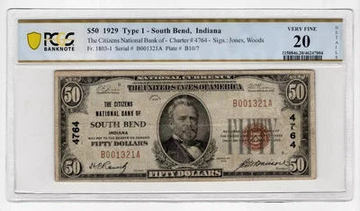 PCGS VF20 1929 Ty. I $50 The Citizens National Bank of South Bend, IN Ch. 4764 * - Image 1 of 2