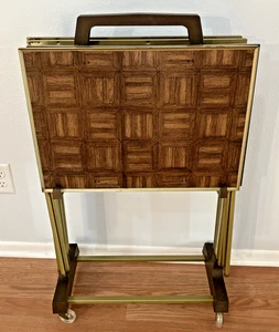 VTG Set of 4 Folding Parquet Wood Metal TV Trays w Wheeled Stand Retro 1980s - Picture 1 of 16