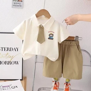 Boys' Fashion Short Sleeve Tie Suit with Lapel and Cute Small Monkey Print-Atal - Picture 1 of 8