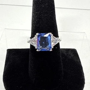 Square solitaire lab-created Blue Sapphire & CZ Rhodium Plated Bomb Party Ring 9 - Picture 1 of 6