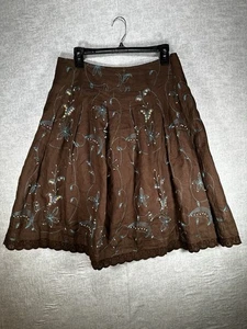 WD.NY Linen A Line Skirt Brown Size 8 Women's Teal Embroidery with Sequins/Beads - Picture 1 of 6