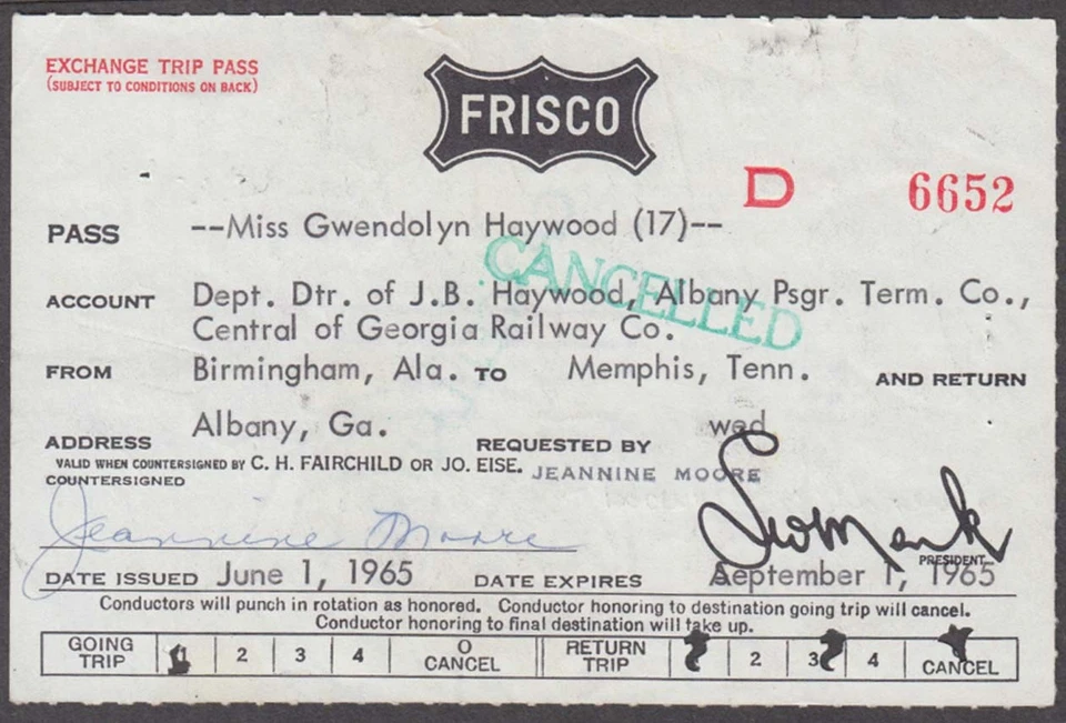 Frisco St Louis-San Francisco Ry Employee Exchange Trip Pass 1965 - Image 1 of 1