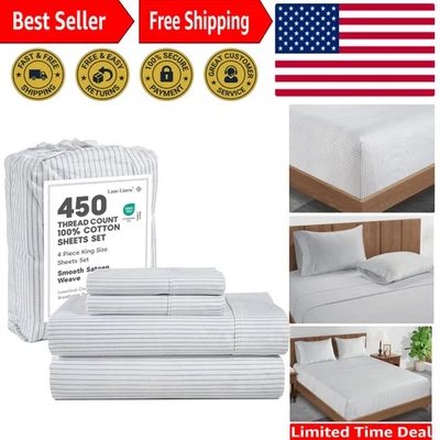 Juego de sábanas de algodón King resistente a la decoloración - tejido de satén suave a rayas tictac Foto 1 de 4