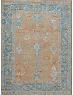 Vegetable Dye Peach Floral Oushak Turkish Rug 9x10 Wool Handmade Dining Room Rug - Image 1 of 4