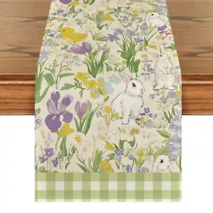 Easter Decorations Colorful Flowers Bunnies Rabbits Ducks Table Runner 13"x72" - Picture 1 of 12