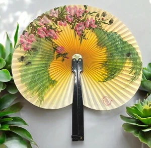 Vintage Hand Klappfächer Rosa Blumenmuster Sonnenuntergang Bienen Kirschblüten - Bild 1 von 8
