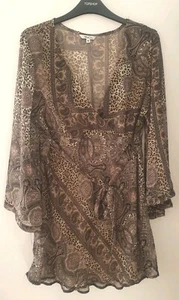 M&Co Paisley Animal Print Wrap Tunic UK16 EU44 US12 Sheer Brown Top Flare Sleeve - Picture 1 of 13