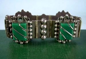 50er Jahre Sterling Silber & grünes Glas Armband signiert FNB, tolle Patina, 48g - Bild 1 von 12