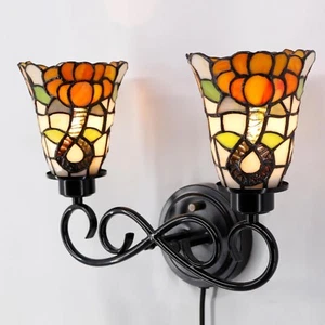 Tiffany Wall Sconce Lamp 2-Light Plug in or Hardwire with 5 Inch BLUE BEADED - Picture 1 of 4