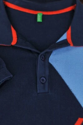 Benetton мужской темно-синий и красный геометрический хлопок свитер вязаный рубашка-поло средний - Изображение 1 из 4