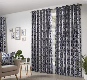 Marineblau & Grau Geometrisches Design Paar Ösen Ring Top Vorhänge Alle Größen Gefüttert - Bild 1 von 3