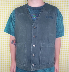 Vintage Boss 90s Forest Green Embroidered Logo Denim Vest Hip Hop Large EUC - Bild 1 von 8