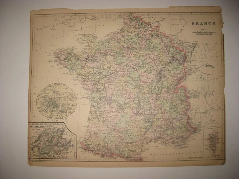 ANTIGUO MAPA DEL CONDADO COLOREADO A MANO DE FRANCIA DE 1887 REGIONES VINÍCOLAS DE PARÍS SUIZA Foto 1 de 1