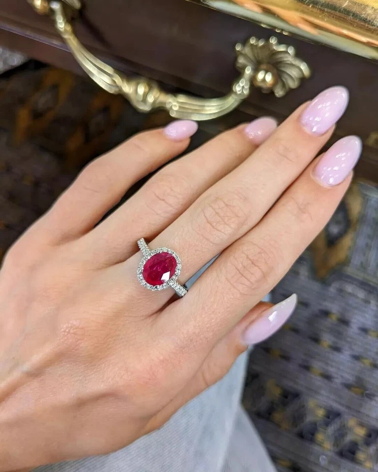 Oval Cut 950 Platinum 2.25Ct Natural Ruby Diamond Bridal Wedding Ring Size 6 7 8 - Image 1 of 4