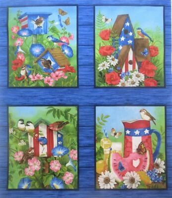 Chickadee Bird Birdhouse Flower Butterfly Fabric Panel 8.75"x 10" Quilt Blocks B - Image 1 of 4