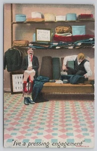 Tarjeta postal de I've a Pressing Engagement Man Getting Pants planchado Bamforth c1909 - Imagen 1 de 2