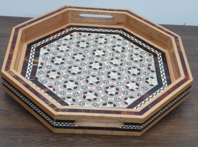 hand made Wooden Beverage tray inlaid with mother-of-pearl  10.9'' x  10.9'' - Image 1 of 4