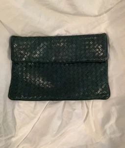 BOTTEGA VENETA Clutch, Green, Woven Leather, Snap Flap, Zip Pockets - Picture 1 of 8