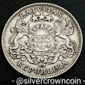 Latvia 🇱🇻 1 Lats 1924. KM#7. Silver One Dollar coin. Arms With Supporters.  - Picture 1 of 7