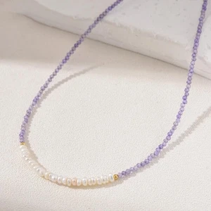 White Pearl & Blue Iolite Faceted Round 2-3MM Multi Gemstone Beaded Necklace 24" - Picture 1 of 10