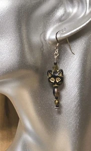 Unique Sterling Silver Black Cat Pierced Earrings Charm Gem Dangle Goth Glam - Picture 1 of 3