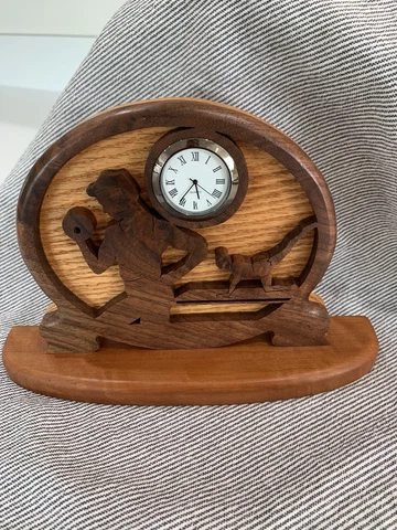 Wooden Art Desk Clock Hand Crafted Laser Cut Exercise Theme Fretwork Creations Cover