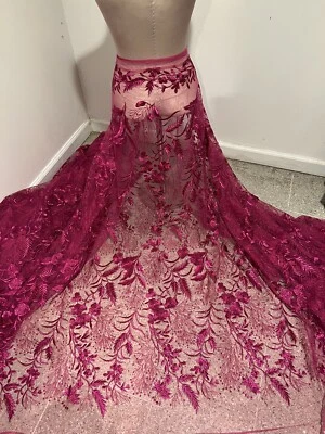 Fuchisa Embroidery Lace Fabric 50” Width Sold By The Yard - Image 1 of 4