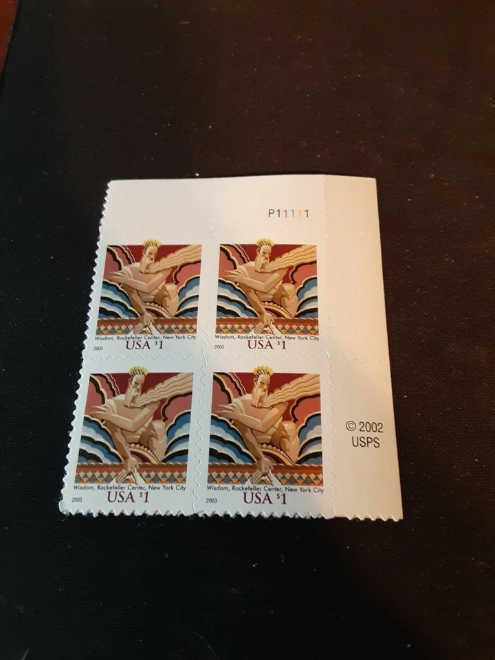 #3766 1dollar wisdom, rockerfeller center plate block 4 - Image 1 of 1