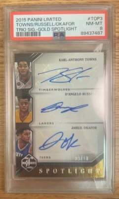 2015 Panini Limited TOWNS/RUSSELL/OKAFOR Auto GOLD /10 Spotlight PSA 8 (POP 1) - Image 1 of 3