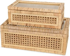 Handwoven Boho Rattan Display Boxes Glass Lids Set Rectangular Decor Storage Bin - Picture 1 of 8