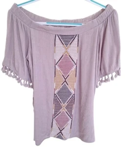 Knox Rose Damen M Bluse lila bestickt Tasseled Boho Bauern Hippie Shirt - Bild 1 von 5