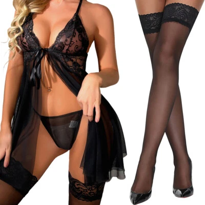 Lencería Babydoll de Encaje con Medias Sexy Conjunto Frente Abierto Prendas para dormir Foto 1 de 4