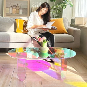 Oval High-end Crystal Acrylic Coffee Table with Dazzling Laser Spectrum Effects - Picture 1 of 15