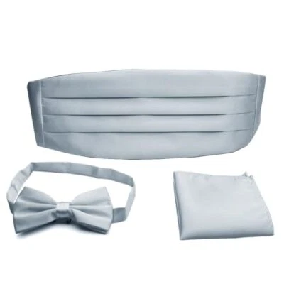  Conjunto formal de pajarita preatada lisa para hombre y cuadrado de bolsillo y faja gris plata Foto 1 de 4
