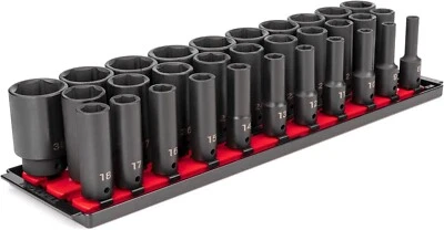 TEKTON 1/2 Inch Drive Deep 6-Point Impact Socket Set with Rails, 31-Piece (8-38 mm)