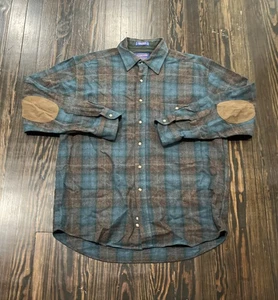 Pendleton Trail Shirt Elbow Patch Men’s Large Plaid Green Gray Virgin Wool - Picture 1 of 4
