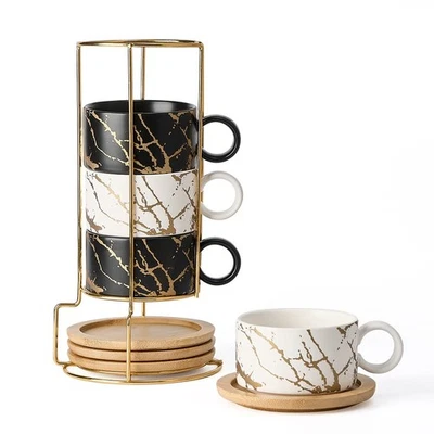 4 Pack 6oz Porcelain Espresso Cups, Saucers, Metal Stand, Stackable, Demitasse - Image 1 of 4